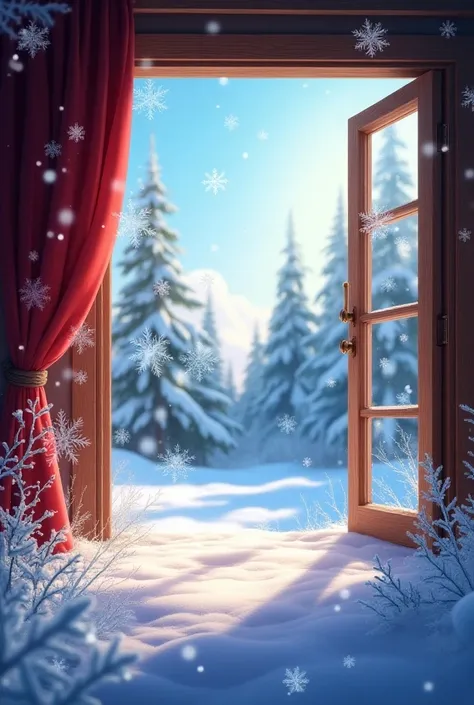 Disney Pixar style   , волшебно magic,    Big snowflakes,   sunlight illustration by Ren   ,     cartoon beautiful open window close-up on the front, large snowflakes . sparkles , glitter. 