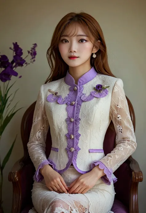 A Korean man in ladies vintage suit dress, he is crossdresser, body like a woman, slender female body, white and light purple, Rich lace and frills, long sleeves, cropped jacket, mermaid line long skirt, tweed, sit quietly