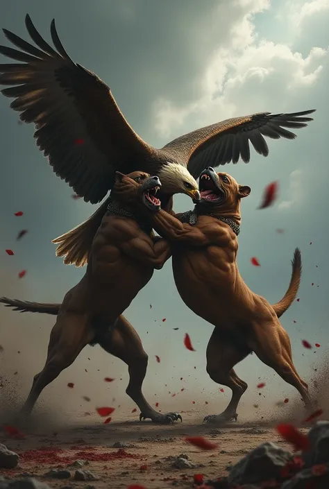 Two pit bulls catching an eagle and the bleeding eagle 