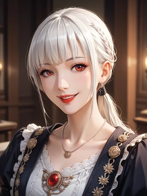 masterpiece, best quality, anime 2.5d artstyle, 1woman, no smile and charming young woman, 27 year old, happy look, portrait, ex...