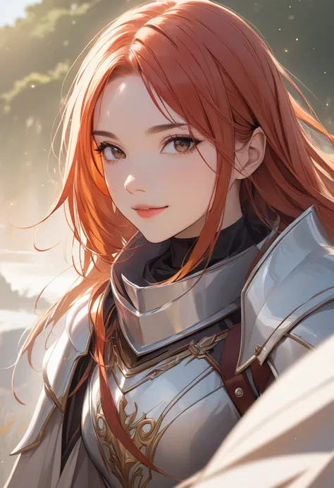 (masterpiece:1.5),(Beat quality),(high res),1girl solo,beautiful face,smile,upper body,knight woman,Plains