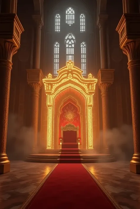  Light box marquee sings in the Arabesque castle style,  window with many double columns, smoke, A black background,  very luxurious with gold and lights , in the form of a , with a red carpet that leads to the kings throne