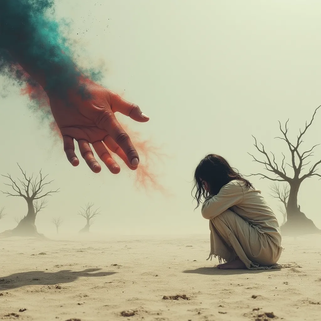 a desolate monochrome landscape with withered trees, swirling dust obscuring the view, a girl crouched in the sand crying, her tattered clothes, her body fading into the monochromatic world, a colorful hand reaching out to her from off-frame, a hand of salvation, masterpiece, extremely detailed, high resolution