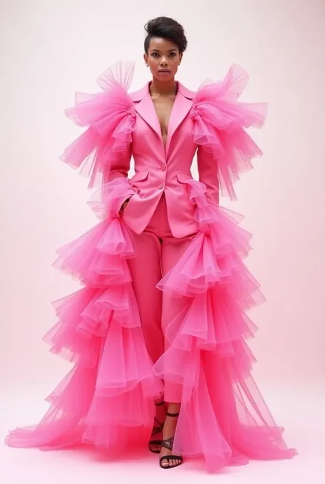 Sketch a pink suit with lots of tulle 