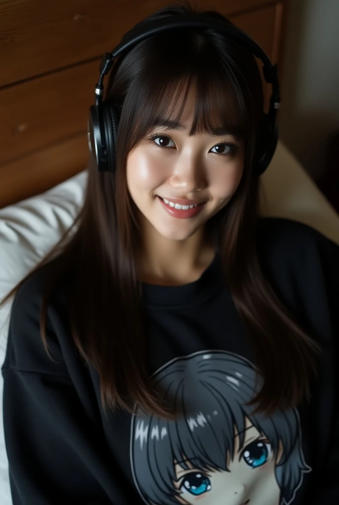  20-year-old Japanese girl ,  long straight brown hair with bangs, piel Blanca, influencer, curvy girl, front stop,  blue eyes ,  looking at the camera, smiling big,  wearing casual clothes ,  black anime print sweater , lying down, take from above, with h...