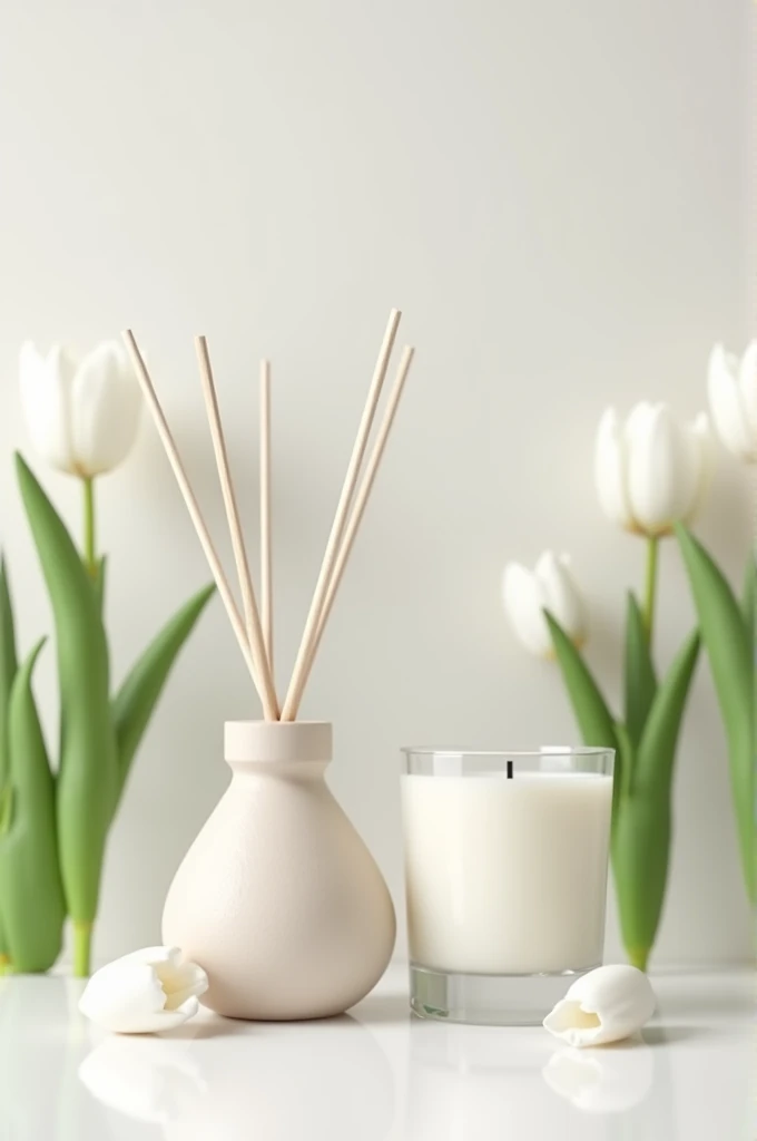 Reed diffuser and aromatic candle surounded by white tulip flowers right and left product