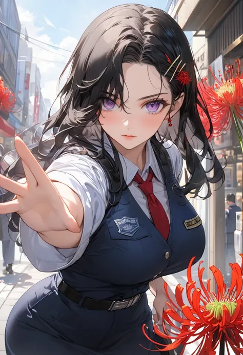 ((masterpiece, best quality,8k, ultra high resolution)), (cowboy shot)  、1 girl  、　Age 30　、(( fighting pose))、((Estrus))、 is staring　　、 sharp eyesight  、  long lashes　　 、　   black hair 　　、Long Hair　　、wavy hair、((wear  a  spider lily hairpin ))、((parted ban...