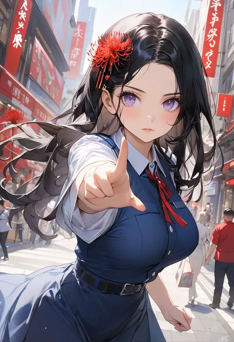 ((masterpiece, best quality,8k, ultra high resolution)), (cowboy shot)  、1 girl  、　Age 30　、(( fighting pose))、((Estrus))、 is staring　　、 sharp eyesight  、  long lashes　　 、　   black hair 　　、Long Hair　　、wavy hair、((wear  a  spider lily hairpin ))、((parted ban...