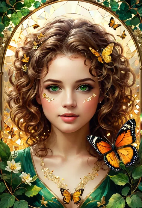 8k portrait of a beautiful girl with brown curly hair, intricate, elegant, highly detailed, majestic, digital photography, art by artgerm, surreal filigree painting of golden butterfly, broken glass, (masterpiece), side lighting, beautiful finely green eye...