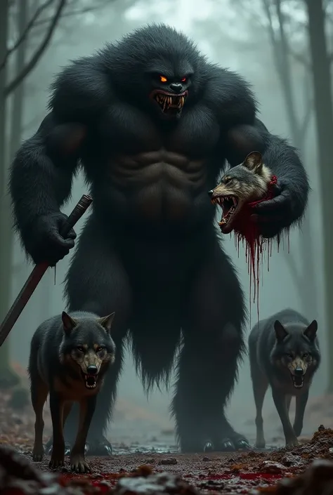 You said: A fat black man. There is fur all over the body. Has a big mouth. There are two blades on either side of the mouth. Long nails on hands and feet. With a sword in one hand. In the other hand he took a head of a vadaruku. Blood is falling from that...