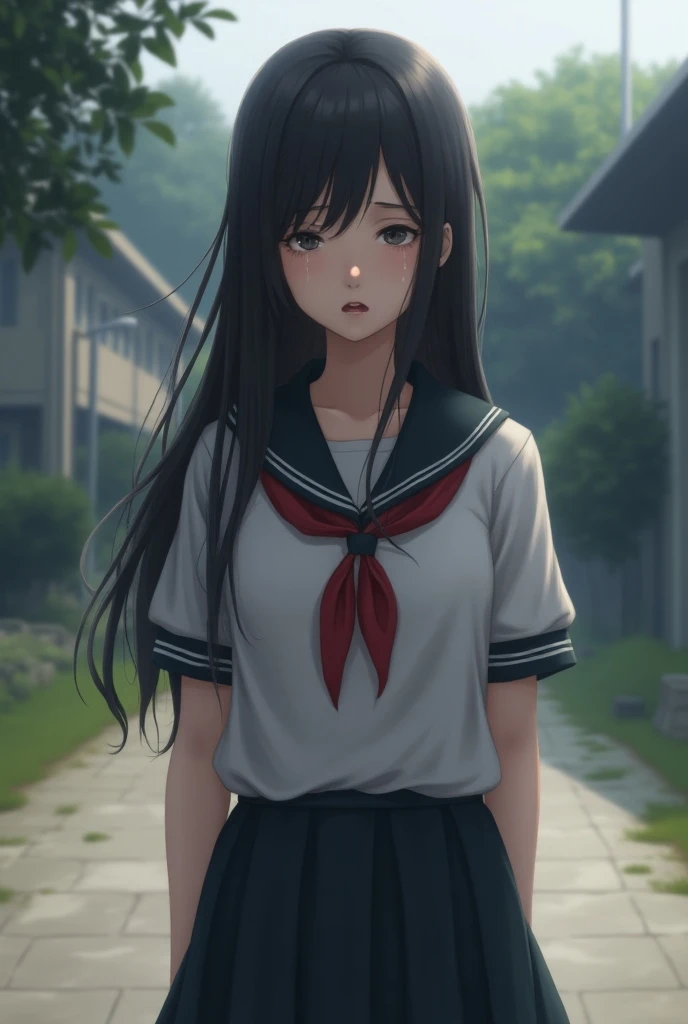 A beautiful  wearing school clothes and crying in front of the school 