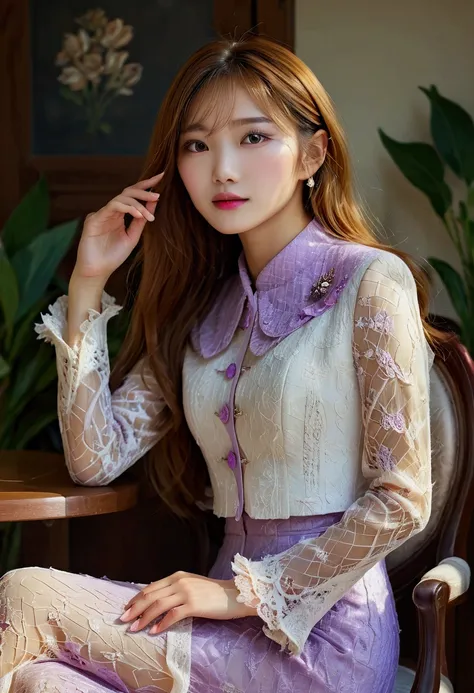 A Korean man in ladies vintage suit dress, he is crossdresser, body like a woman, slender female body, white and light purple, Rich lace and frills, long sleeves, cropped jacket, mermaid line long skirt, tweed, sit quietly