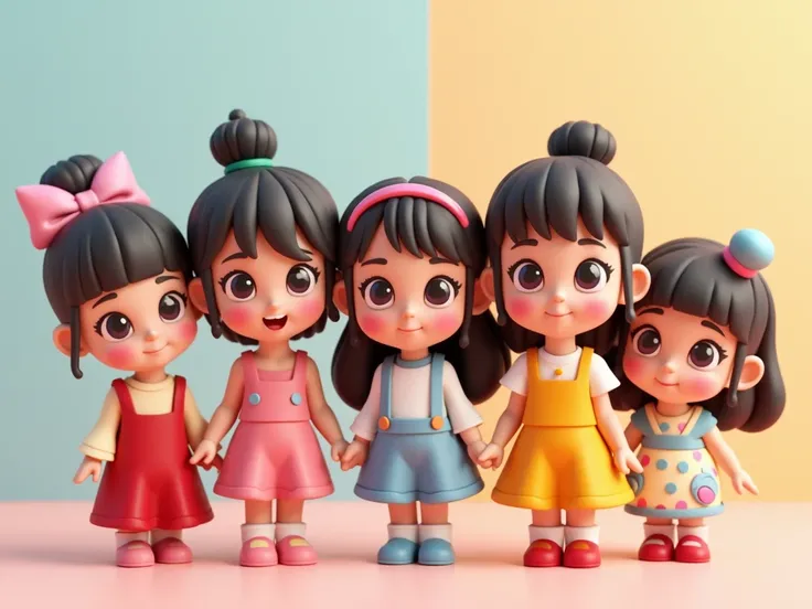 3d sculpted chibi five girls, different faces and hairstyles, cute, colorful, simple, cinema 4d render, modern