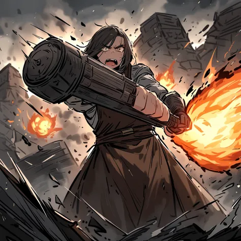 A strong girl , Leather apron, hammer in one hand,  hitting an incandescent metal on an anvil, furious gesture , surrounded by fire, sin censura