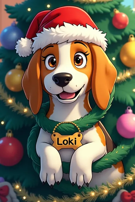 White male beagle dog with brown , animated like the Simpsons series , with Christmas hat, Stuck in the Christmas tree and a plate around my neck shaped like a bone that says Loki with Bart