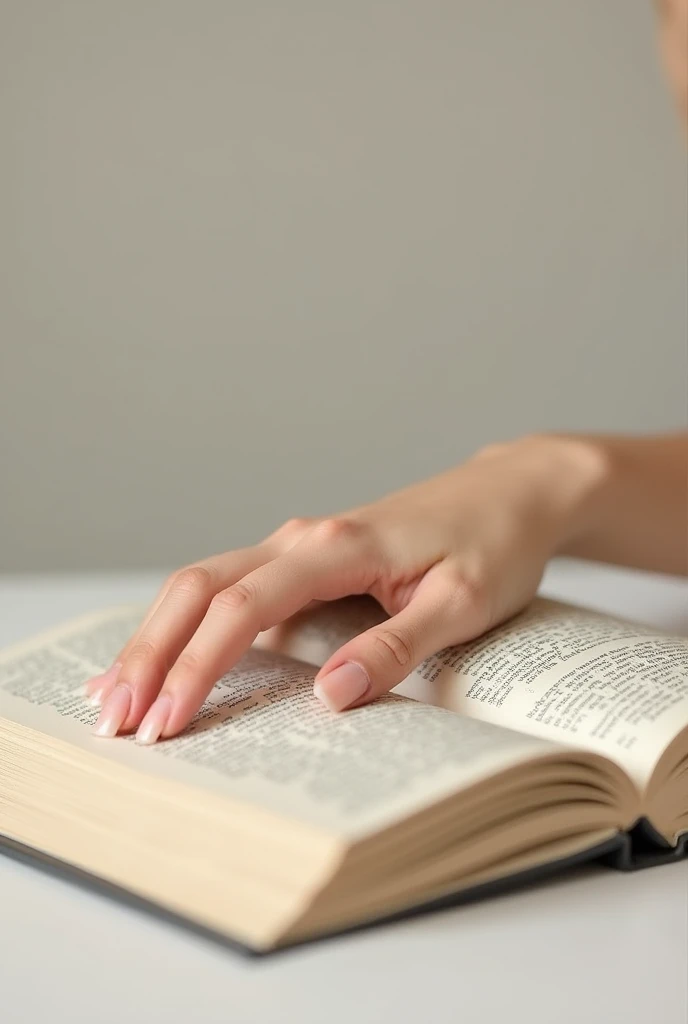 Woman&#39;s hand, Nude nails supported by a book 