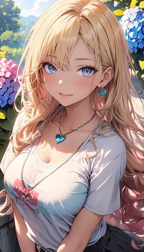 4K, June scenery,  Beautiful Women, Long Hair,  review,  medium breasts,  blue eyes,  white shirt,  hotpants, Neon Red Heart Necklace,  Watching Viewers ,   knight , Colorful hydrangeas