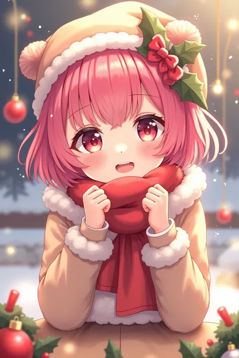 Make a cute picture of a little  from an anime with pink hair Christmas theme written by Chico BR somewhere in the image