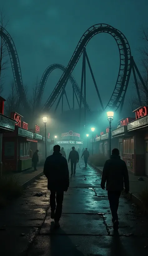 create a scene of a nearly empty amusement park at night, with no organized scare zones, creating a sense of dread and unpredictability; aspect ratio 16:9, cinematic suspense