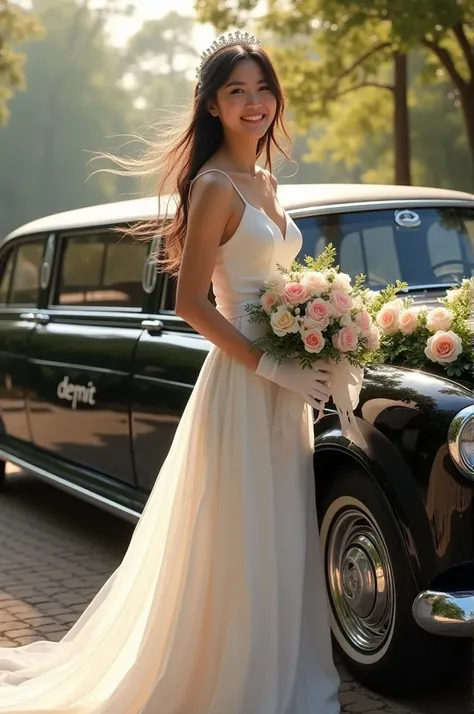 Realistic Full body Looking at Camera, best quality, masterpiece, please let stand beside Black car Elegant body  limousine says text "demit" with decorated with flowers and ribbons especially for weddings,,  1 girl, huge laugh, shiny lips, sweet, sun glar...