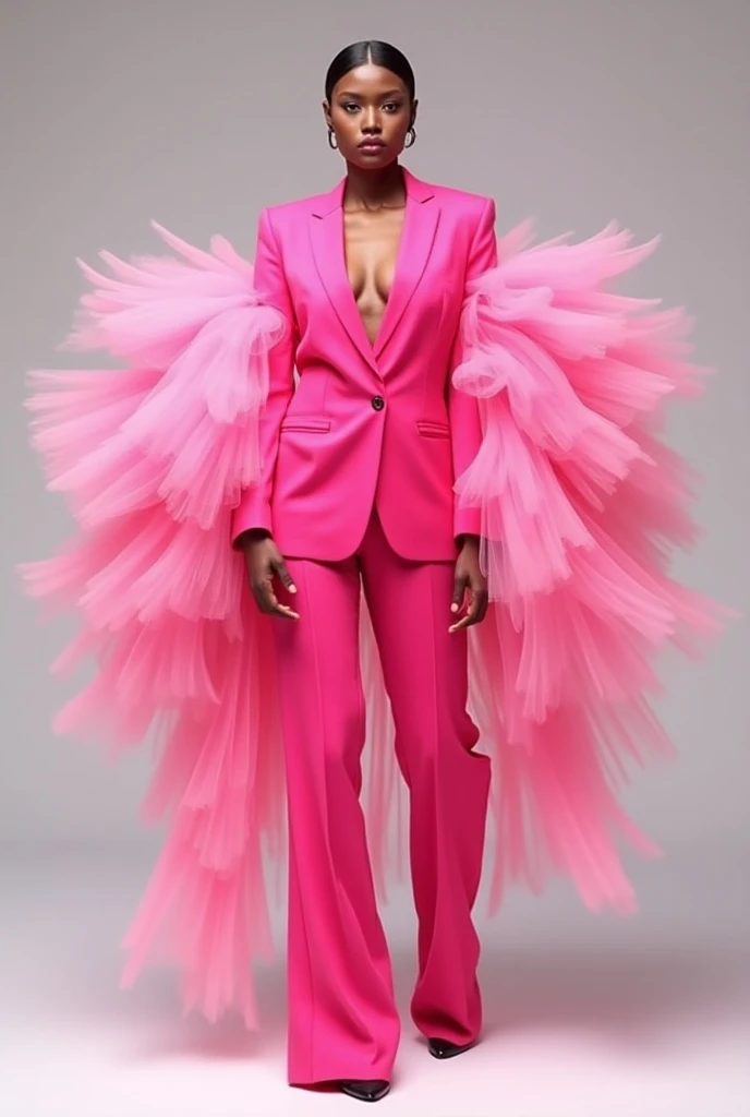 Draw a pink suit with lots of tulle on the arms