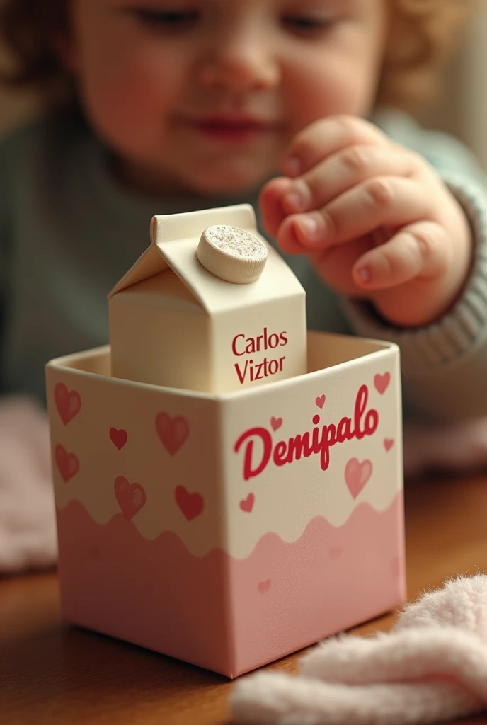   A hand of a BB holding a milk that says Carlos and Victor (  The milk is in a box   )   it comes out which is the name of the brand   ,  Thats just the hand   ,   add more decoration to the very basic bird box  , (   put somewhere that is milk taken out ...