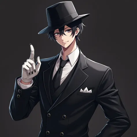 masterpiece, best quality, good quality, Highly detailed, shadowverse style, male, black eyes, black hair, modern aesthetic, charming smile, black formal suit with tie, white gloves, full body art, painted toe nails, wear black fedora hat
