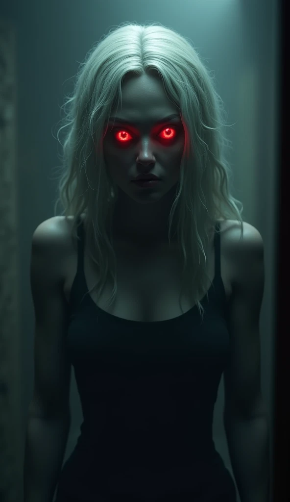 3D animation a A scary woman with glowing red eyes, dark and black, Wight hear,standing in the shadows of a dimly lit room, 
