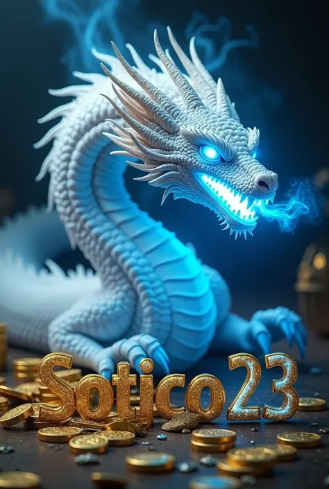  Creates an 8K Ultra HD image showing the text “Sotico23” in gold letters with bright electric blue shading. In the foreground, a fierce albino white dragon curls up in an attack posture ,  with shiny scales and flaming eyes .  A powerful electric blue fir...