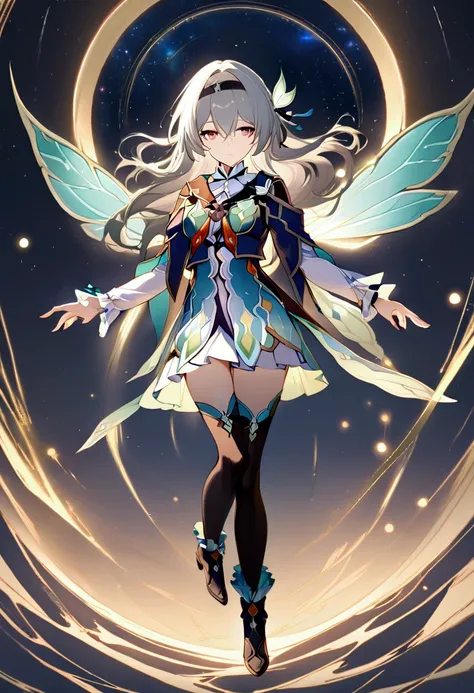 1girl, solo, super fine illustration, an extremely delicate and beautiful, best quality, masterpiece, 8K, Firefly(Honkai: Star Rail), silver-gray long hair, flowing hair, determined expression, royal blue military uniform, turquoise energy effects, crystal...