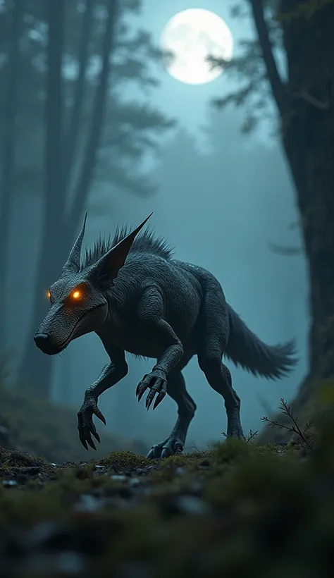 Design a super ultra-realistic hybrid creature that combines the agility and ferocity of a Velociraptor with the primal power of a gray wolf. The creature has the lean, aerodynamic body of a Velociraptor, covered in a blend of sleek feathers and coarse wol...