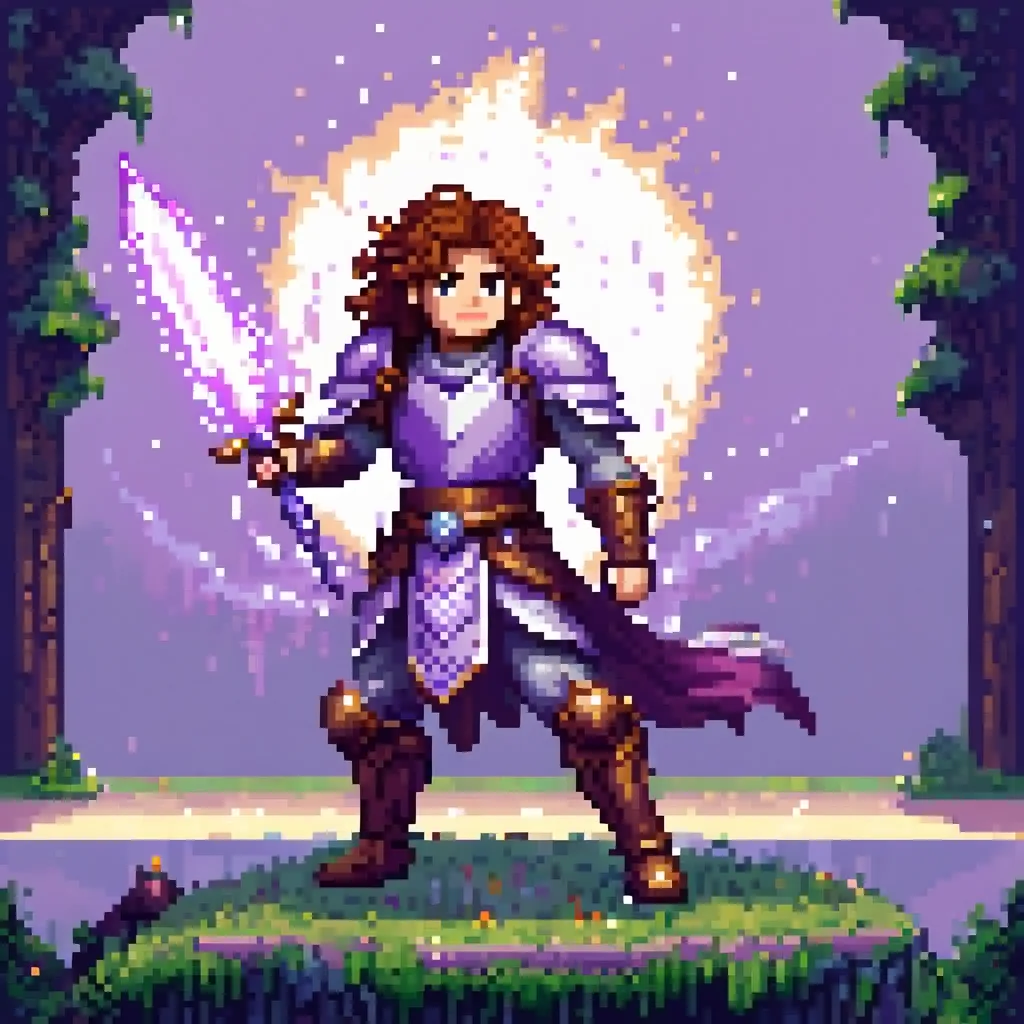 pixel art, man with curly auburn hair, wearing light armour with lilac accents, wielding a sword enchanted by lightning