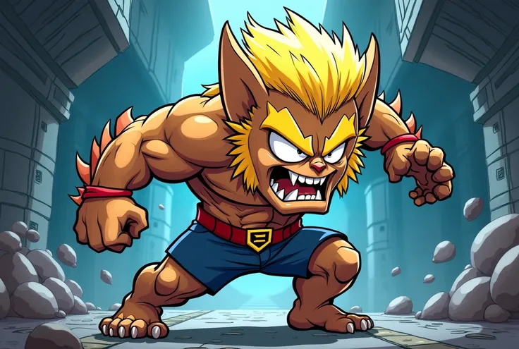 Create a full-body illustration in chibi style/cartoon of the character   " Sabertooth"  villain from the Xmen HQs .  He must be a great ,  very strong,  with exaggerated muscles . His appearance is human ,   but with short blond hair ,   completely white ...