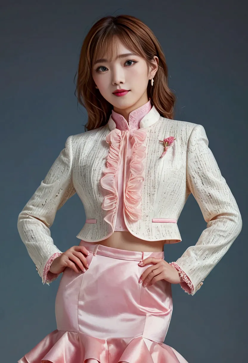 a korean man in ladies vintage suit dress, he is crossdresser, body like a woman, slender female body, white and pink, rich fril...