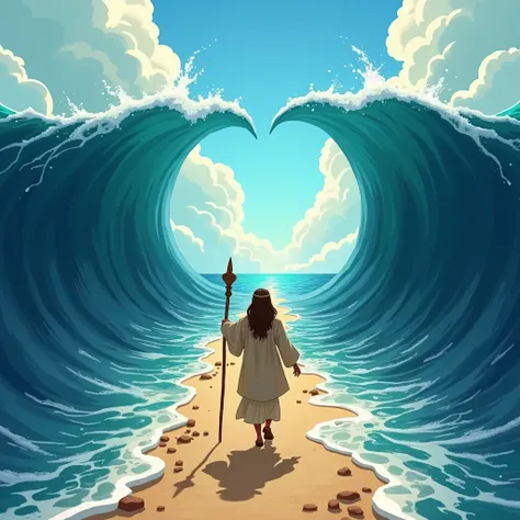 an image that represents Moises , Opening the sea with your staff. The sea is divided very high as if it were a corridor and there is a dry portion forming the path for its people to escape.  The focus of the image must be on Moises ,  but I want the peopl...