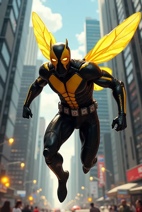 Super hero wasp-man in a city .  Costume a little inspired by Spider-Man .  He has a belt that has some poison blades.