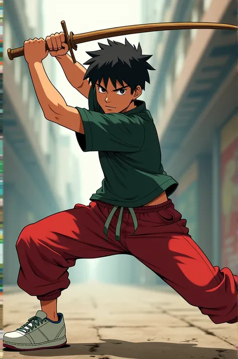 Illustration of a young man in a fighting stance. he is holding wooden sword/bolo in his hand and appears to be in the middle of a fight. the man has a short black hair and is wearing a dark green t-shirt, red jogging pant, and white shoes. he has a determ...