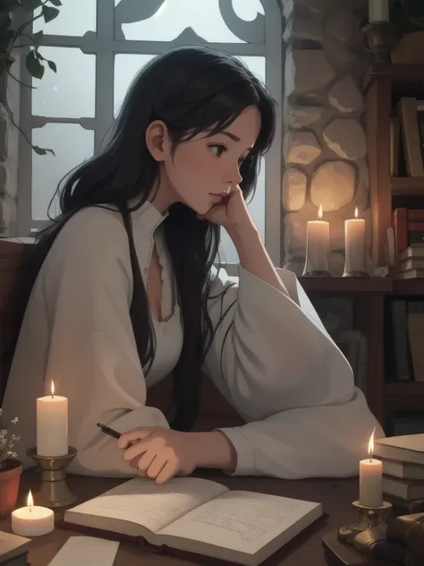  loffie study,  1 girl, from side, Writing,  candles,  candleslight, hand_On_own_Chin, hand_rest, Books, paper, stOne wall, middle ages,  Fantasy ,   knight ,  window , 星nullの_null, battlefield, middle ages background