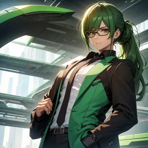 man, brown eyes and green hair . Are you wearing a futuristic formal outfit?. wear glasses.