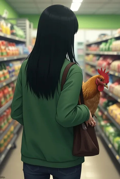  Girl in a green jacket with long straight black hair,  standing in a supermarket with her back to the viewer , she was stopped by a guard ,  because a chicken is touching her purse 