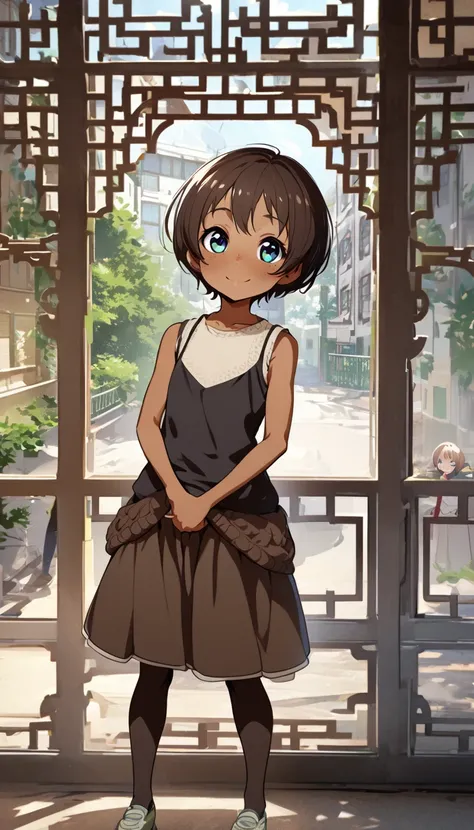  skinny thin little brown girl, one girl （I dont need extra characters ）, elementary school students,Young, short,Loli Big Tits,Skin color is dark brown, Teal Eyelids,Freckles,smile,Huge Saggy Tits,skinny, unkempt short hair,Dark brown hair, sleeveless kni...