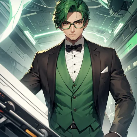 a man with brown eyes and green hair, wearing a futuristic formal outfit, glasses