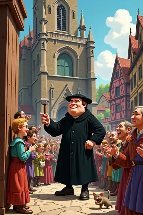 Martin luther nailing the 95 thesis on the church door and people around who are watching the thesis are shocking,amusing and gossiping (make them in cartoonic animated cahracters colorful