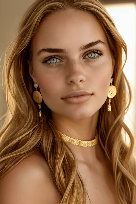 An exceptionally beautiful 22-year-old woman with an oval-shaped face and golden strawberry blonde hair that cascades in soft waves. Her almond-shaped eyes are captivating, framed by thick, natural lashes and delicately arched brows. She has a cute button ...