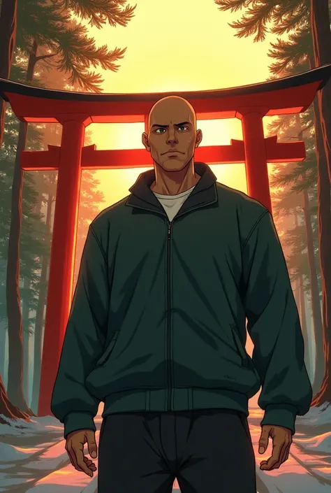  energy a 39 year old strong bald man , with sportswear, wood-colored eyes ,  surrounded by ki ,  anime-like drawing coming out of the torii found in a forest towards the city y el amanecer al fondo.  Masakatsu Katsura  