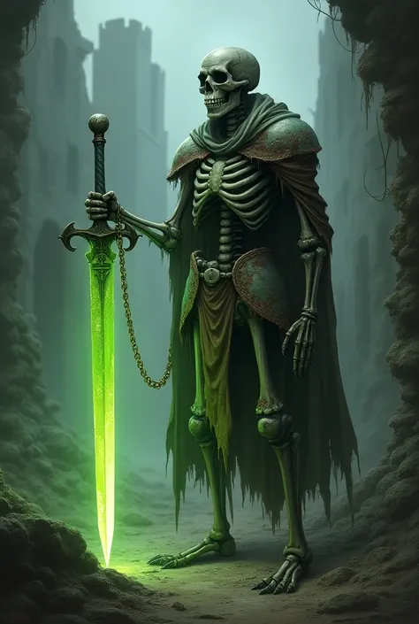 DnD style, rotting Skeleton Knight with a green glowing sword in his hand, he has a single key hanging on a golden chain around his neck,