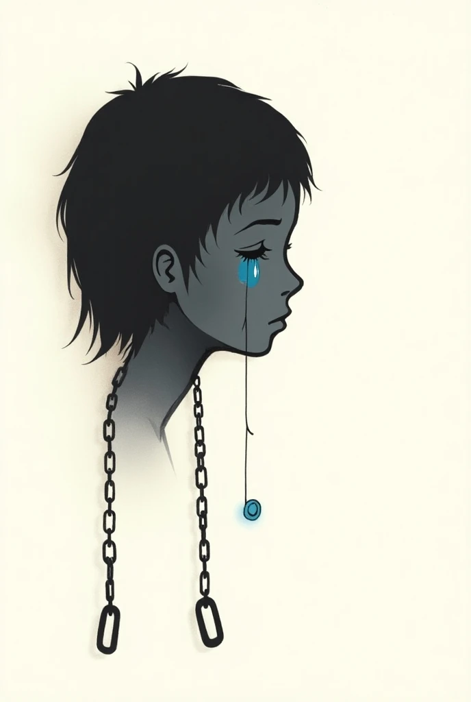 understood!  Heres an even simpler and different idea:

 Face with Tear and Chain

1 . him:

 Draw just the outline of a face in profile  ( very simple ).

 From the bottom of the face  (neck),  make a broken chain hanging .

on the face, a tear flowing,  ...