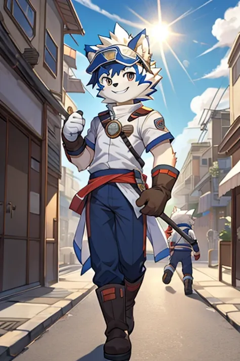  furry , 1 boy, 深蓝色Kogenta (Onmyou Taisenki)
, Tights,  Young Hero, White gloves, White boots,  Street Background ,  Smile, Shota, Sun Visor