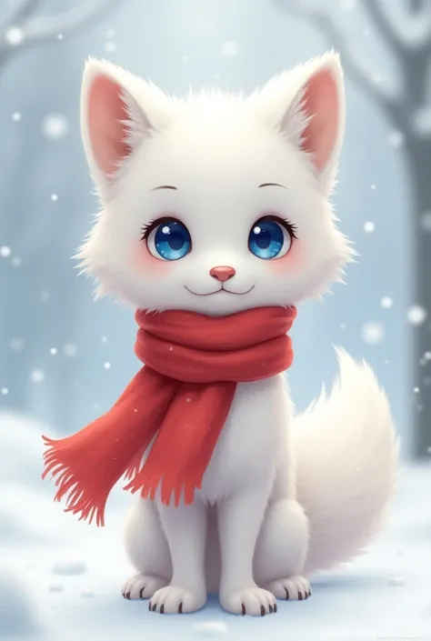 Anime boy in the form of a cute little snow fox wearing a red scarf and blue eyes