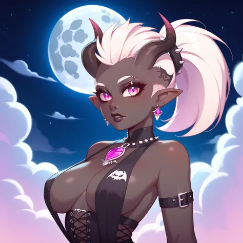 score_9, score_8_up, score_7_up, ((Masterpiece)), ((highres)), ((1person, 1girl, 1female)), Random poses, beautifully detailed succubus girl, ((white mohawk w/ponytail)), defined elf ears with ear guages, defined eyes, pastel iris, long eye lashes, defined...